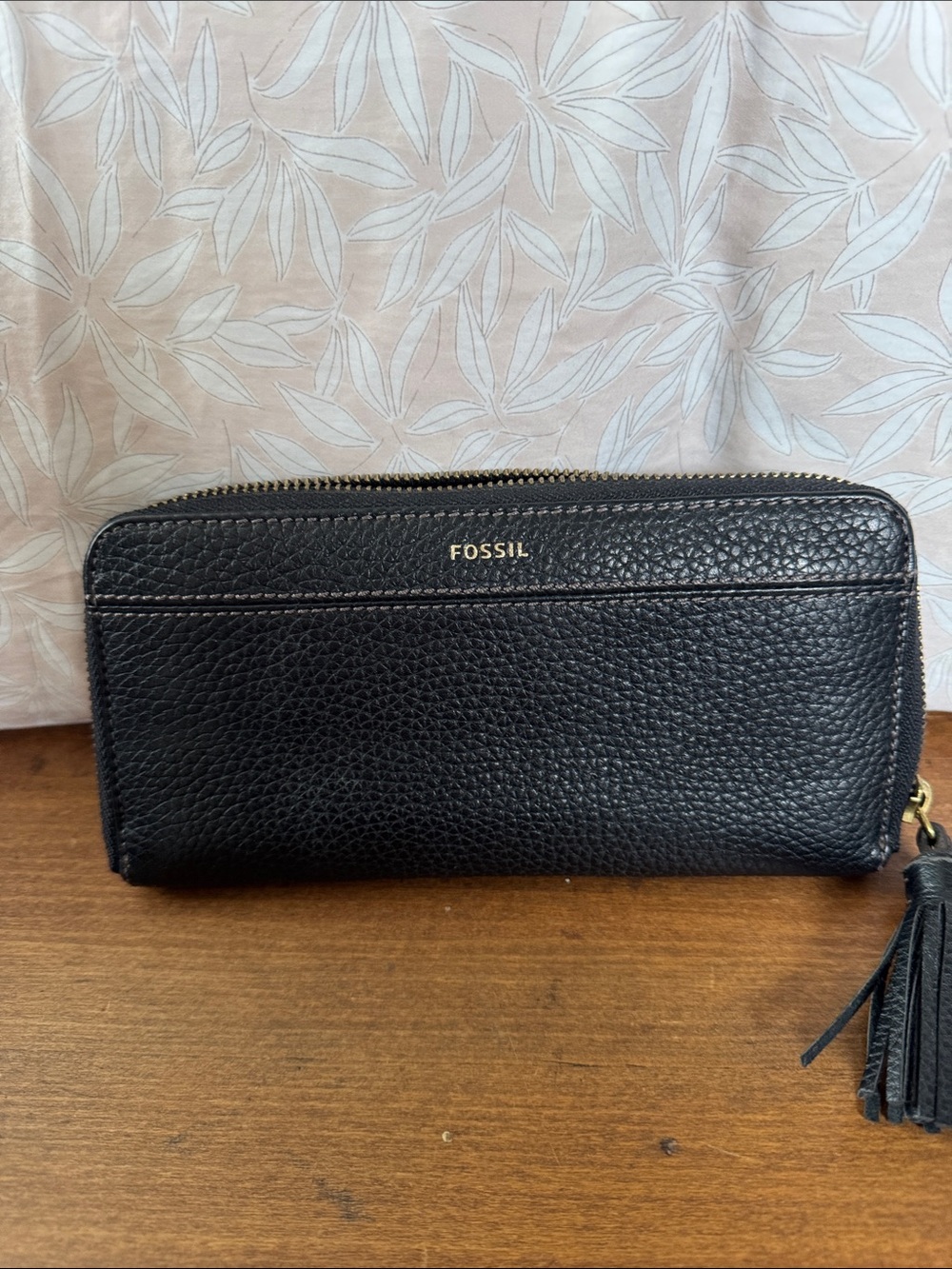 Fossil Black Pebbled Leather Zip Wallet with Tassel